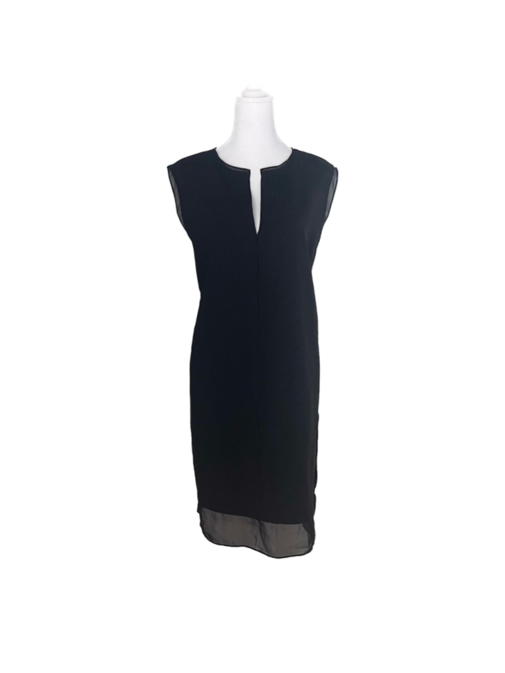 Vince Black Silk Wool Sheath Midi Dress Sheer Trim Minimalist Quiet Luxury Sz 12